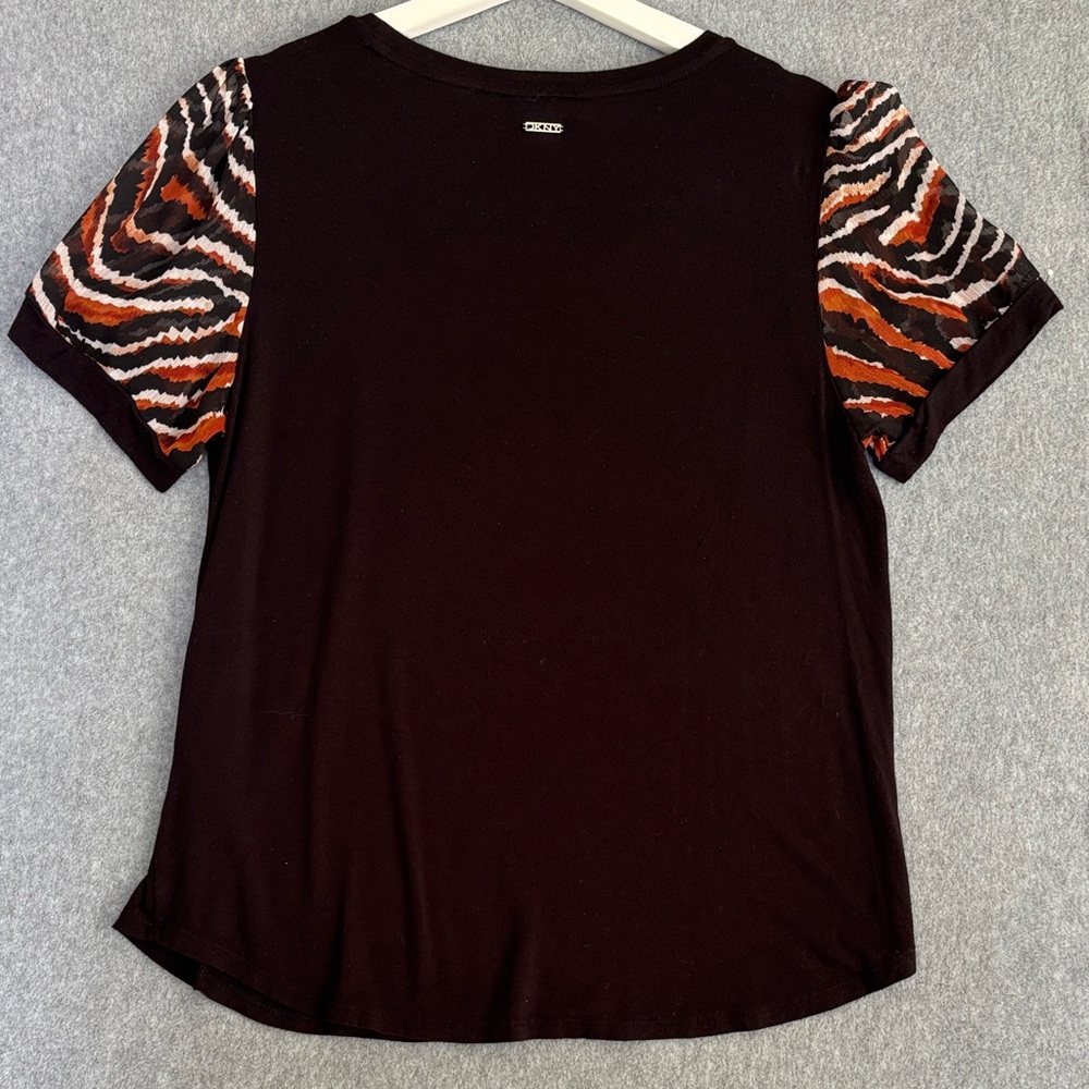 DKNY Black Top with Orange Zebra Print Sleeves - Picture 5 of 6